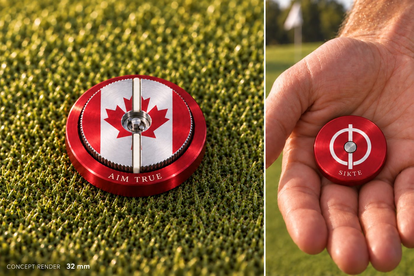 Concept render of a Sikte 32 with a Canadian flag spinner, and its underside in a hand